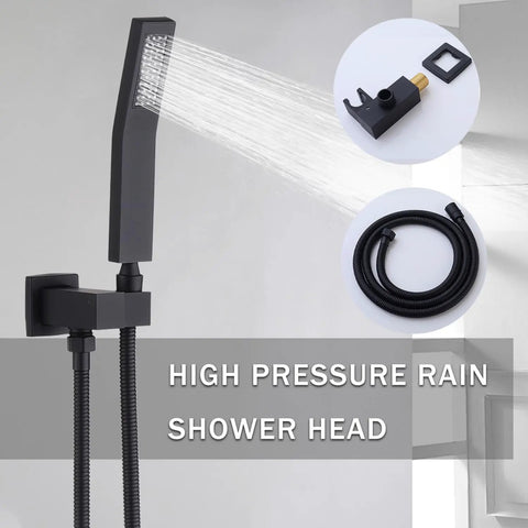10-Inch Ceiling Mount Rainfall Shower System with All-Metal Handheld Sprayer in Matte Black, featuring high pressure handheld shower head.