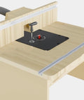 Top Shelf Aluminum Router Table Insert Plate Featuring Smooth Lift Gearbox And Dead On Height Adjustments For Craftsmen Seeking Flawless Edges And Trouble Free Tabletop Operation Daily on a wooden workstation.