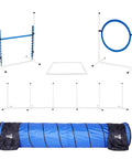 Backyard Dog Agility Set With 5 Piece Kit Featuring Bar Jump with cup strips, breakaway tire jump, weave poles, 10 foot tunnel