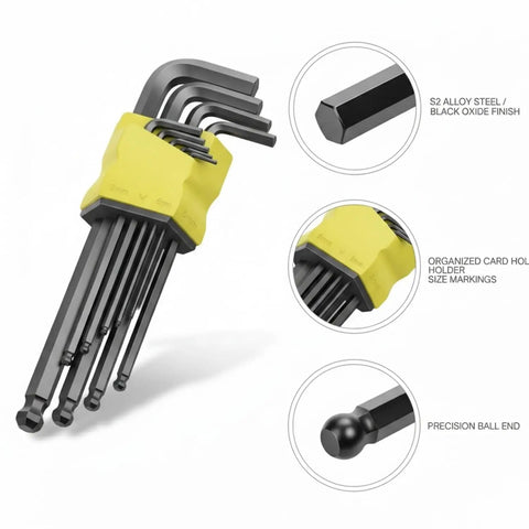 Rock Solid S2 Alloy Steel Hex Key Set With 9 Piece L Shaped Allen Wrenches For Tough Furniture Assembly Bike Repair And Appliance Fixes Without Stripping Screws To Lock Down Your Toolkit. 9-piece hex key set with holder, black oxide finish, ball end