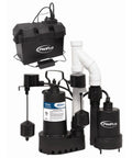 Top Tier Combo Sump Pump System With Battery Backup And Audible Alarm For Bulletproof Basement Flood Defense Up To Sixty Gallons Per Minute Fully Assembled Cast Iron Build For Zero Hassle Setup in black and white.