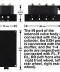 Dimensions and port connections of 12V 8 Valve Air Ride Suspension Manifold Kit for auto and motorcycle systems.