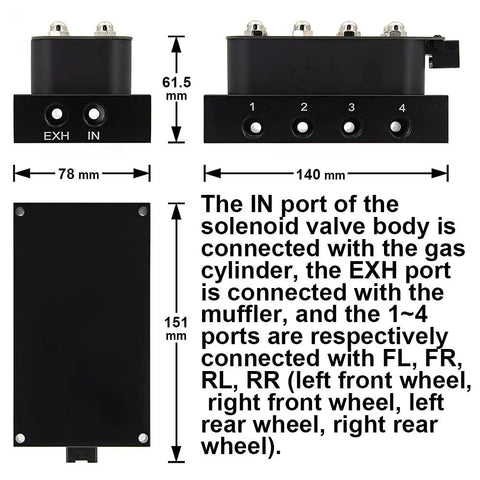 Dimensions and port connections of 12V 8 Valve Air Ride Suspension Manifold Kit for auto and motorcycle systems.