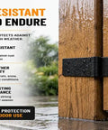 Tough As Nails Steel Gate Hinges For Outdoor Wood Fences With Dead Simple Mount Bracket And Hella Smooth Black Finish 270 Degree Swing close-up on wood gate showing rust-resistant steel hinge under rain.