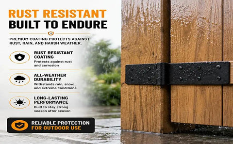 Tough As Nails Steel Gate Hinges For Outdoor Wood Fences With Dead Simple Mount Bracket And Hella Smooth Black Finish 270 Degree Swing close-up on wood gate showing rust-resistant steel hinge under rain.