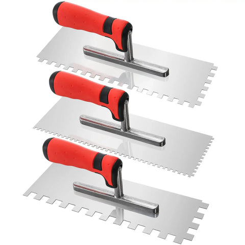 Image of Three Piece Concrete Trowel Set With Stainless Steel Square Notched And Flat Finishing Trowels For Tile Cement Drywall Plaster