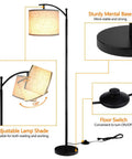 Tall Industrial Floor Lamp With 3 Color Temperatures, 9W LED Bulb Included, Black Finish, Beige Lampshade, adjustable features shown