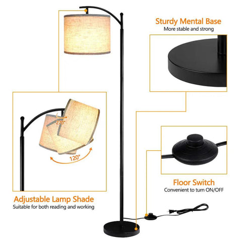 Tall Industrial Floor Lamp With 3 Color Temperatures, 9W LED Bulb Included, Black Finish, Beige Lampshade, adjustable features shown