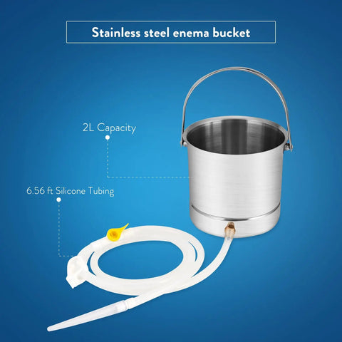 Coffee Enema Kit Stainless Steel 1.8 Qt Bucket Easy To Use No Fuss Setup With Food Grade 304 Stainless BPA Free Silicone Hose Phthalate Free Non Toxic Construction For Cleanse And Detox Enemas. 2L bucket and silicone tubing