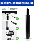 Office chair gas lift cylinder replacement, black, 6.3 in stroke, 1000 lb capacity.
Side view of black chair gas lift cylinder with height-adjust lever.
Close-up of black hydraulic piston for office chair height adjustment.
Installed view: office chair with gas lift cylinder and wheeled base.