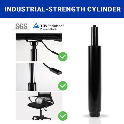 Office chair gas lift cylinder replacement, black, 6.3 in stroke, 1000 lb capacity.
Side view of black chair gas lift cylinder with height-adjust lever.
Close-up of black hydraulic piston for office chair height adjustment.
Installed view: office chair with gas lift cylinder and wheeled base.