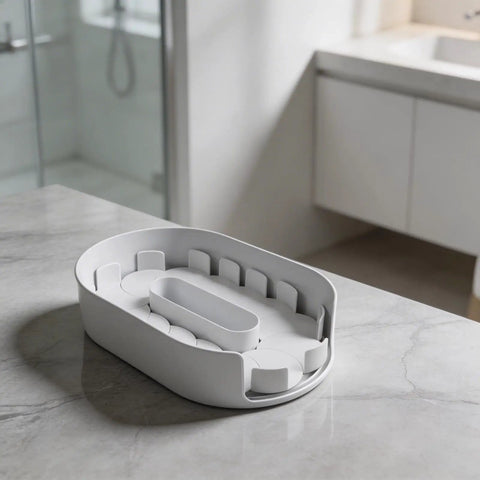Rotating Condiment And Spice Organizer Turntable with white PET construction and removable tray on kitchen countertop.