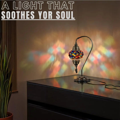 Artisan Turkish Glass Mosaic Table Lamp With Tiffany Style Multicolor Globe, Boho Bedside Cozy Glow Vibe