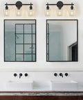 Modern Black Industrial Three Light Vanity Light With Wine Glass Shades For Hallway Kitchen And Bedroom Indoor Wall Fixture UL Listed For Safe Bathroom Lighting And A Dope Home Vibe above dual sinks and mirrors