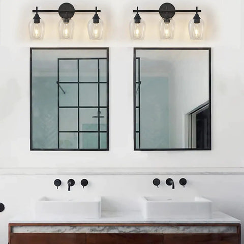 Modern Black Industrial Three Light Vanity Light With Wine Glass Shades For Hallway Kitchen And Bedroom Indoor Wall Fixture UL Listed For Safe Bathroom Lighting And A Dope Home Vibe above dual sinks and mirrors