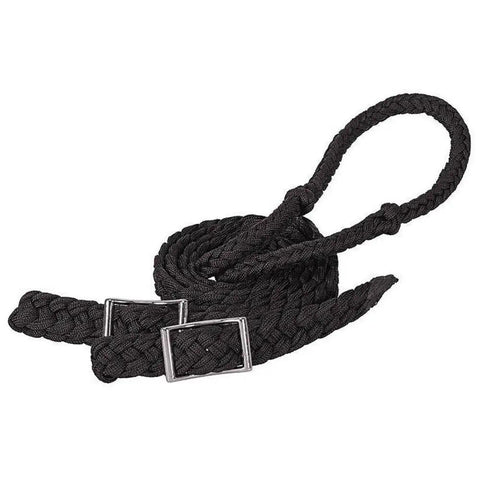 Braided Nylon Barrel Rein Half Inch By Eight Foot With Easy Grip Knots And Nickel Conway Buckle Bit Ends In Hurricane Blue And Black