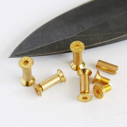 Ten Piece Brass Knife Handle Rivets Set For Five Millimeter Holes With Flat Hex Head Screws Locking Design