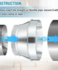 8 Inch To 6 Inch Duct Reducer Increaser Galvanized Steel Air Duct Adapter Round Crimped Pipe Connector Fitting Coupling For HVAC Ventilation Systems For Smooth Duct Transitions In Any Setup Easy Install No Fuss, shown between two duct pipes
