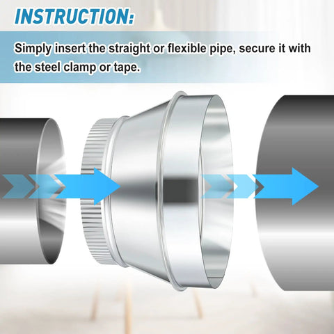 8 Inch To 6 Inch Duct Reducer Increaser Galvanized Steel Air Duct Adapter Round Crimped Pipe Connector Fitting Coupling For HVAC Ventilation Systems For Smooth Duct Transitions In Any Setup Easy Install No Fuss, shown between two duct pipes