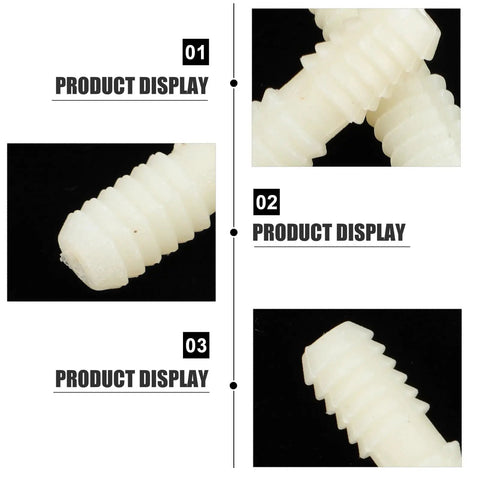 Close-up of 100 Pcs Nylon Furniture Connectors with threads on both ends, white color, showing dual-threaded ends detail.