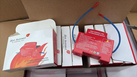 Heavy Duty Self Activating Fire Extinguisher With Clean Agent Protection for engine bays, showing device detail and packaging.