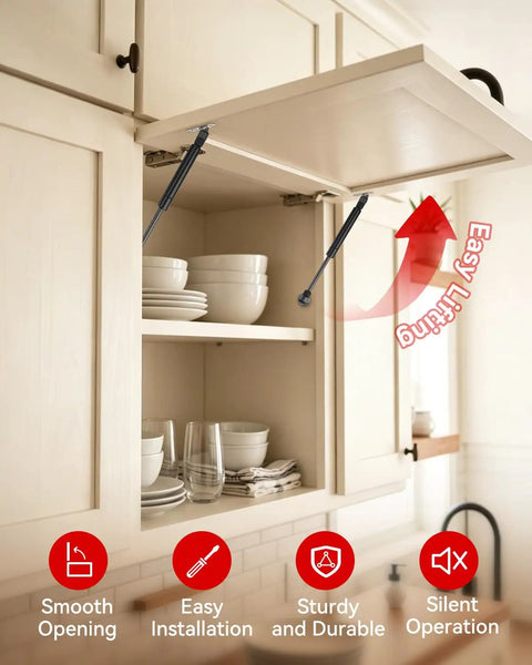 Pair Of 7.5 Inch Gas Struts With 30 Pound Force, smooth lift supports installed in a cabinet with dishes.