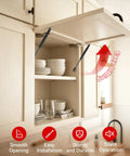 Heavy Duty Gas Struts 30 Lb Force Lift Supports 8 Inch Pair Sx075P30 in action on cabinet door showing smooth operation and installation.
