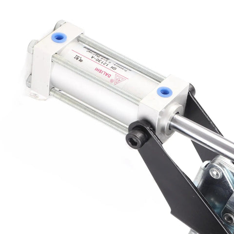 Heavy Duty Pneumatic Hold Down Clamp And 32mm Bore Air Toggle Fixture With 500 Lb Welding Grip Built Like A Tank From Hot Rolled Steel close-up of cylinder and lever