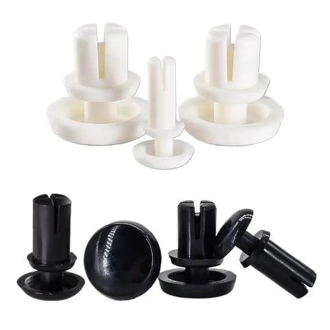 Snap On Nylon Rivet Push Pins With Legit Grip Quick Lock Setup For Thin Panels And Trim, white and black colors, set of six.