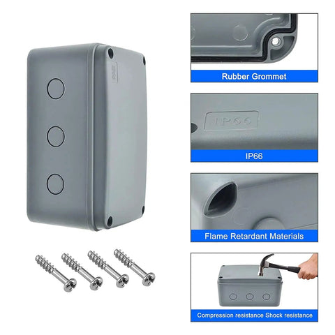 All Weather IP66 Waterproof Junction Box Built Heavy Duty From Durable ABS Plastic Outdoor Wiring Enclosure In Grey For Tough Weather Fits 20mm Cable Gland Weatherproof DIY Electrical Project Box 100 Pack, grey ABS, screws, rubber grommet