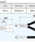 Diagram of No Nonsense Screw Extractor Pliers PZ-57 with measurements and material specifications, Japanese carbon steel.