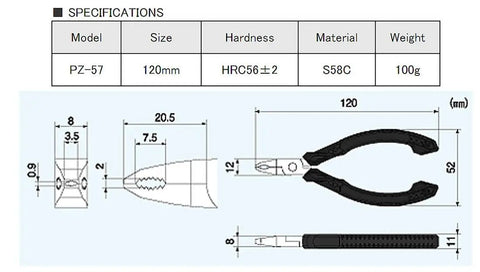 Diagram of No Nonsense Screw Extractor Pliers PZ-57 with measurements and material specifications, Japanese carbon steel.