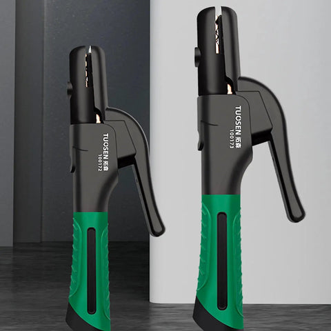 Cool Welding Electrode Holder Pliers With Non Slip Handle Heavy Duty Clamp Rated For 800 Amps, black and green design for secure grip.