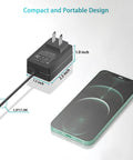 21V 1A Mini Chainsaw Battery Charger For Li Ion Power Tools next to smartphone, showing compact and portable design with dimensions.