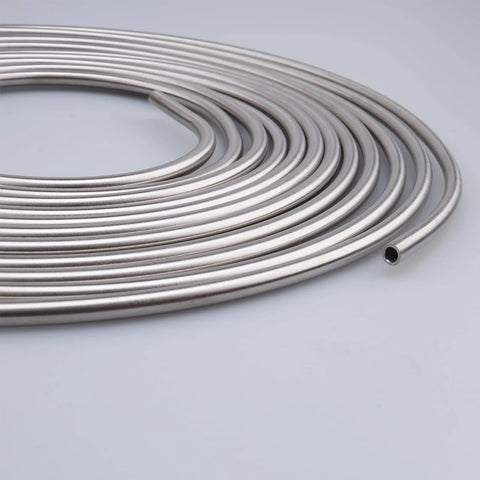 Stainless steel 1/4-inch brake line hard tubing, 16 ft coil; close-up view showing cut end.