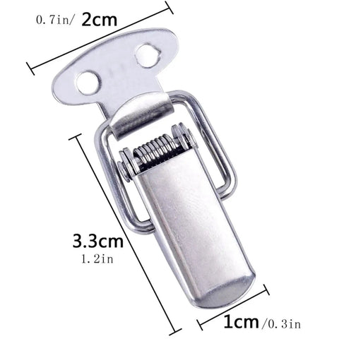 Silver mini toggle latch with spring-loaded clamp for cabinets and boxes, dimensions 3.3cm x 2cm x 1cm, durable metal snap closure