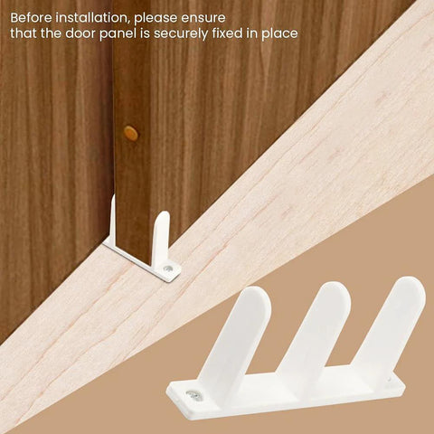 4 Pack Universal Closet Door Floor Guide Kit For One Three Eighths Inch Thick Doors ABS Sliding Door Bottom Guide White Durable Plastic Rail System With Eight Screws For Easy Installation, close-up view of guide in use and isolated.