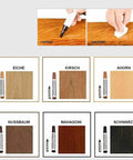 Total Furniture Repair System 12 Piece Kit JB5658 used on wood surface with color samples in oak, cherry, maple, walnut, mahogany, and black
