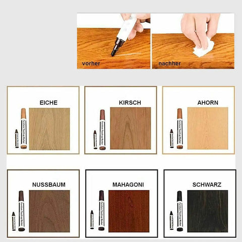 Total Furniture Repair System 12 Piece Kit JB5658 used on wood surface with color samples in oak, cherry, maple, walnut, mahogany, and black