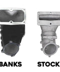 Comparison of Monster-Ram Intake System Drop On Your Diesel Rig For 2013-2018 Dodge Ram 2500 3500 6.7L Cummins with black manifold heater.