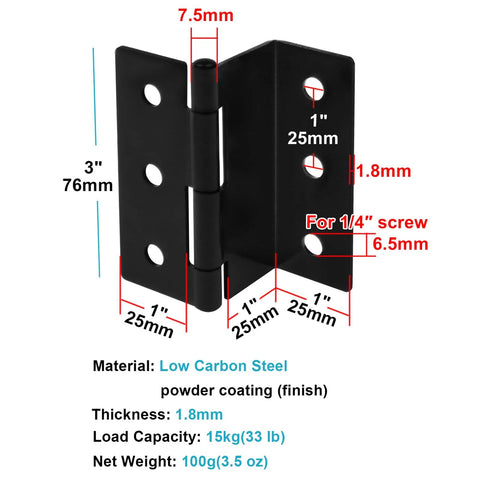Angled view of black offset half-surface chest hinge for 1" thick door panel; low-carbon steel, powder-coated finish.