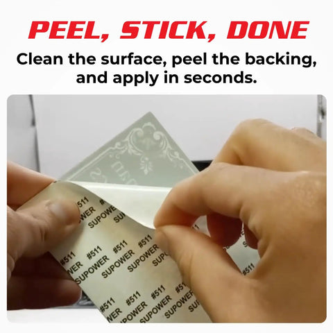 Hands peeling backing of Two Pack No Soliciting Door Sign 4x3 Vinyl Weatherproof Peel And Stick For Home Or Business Stop Door Knocks