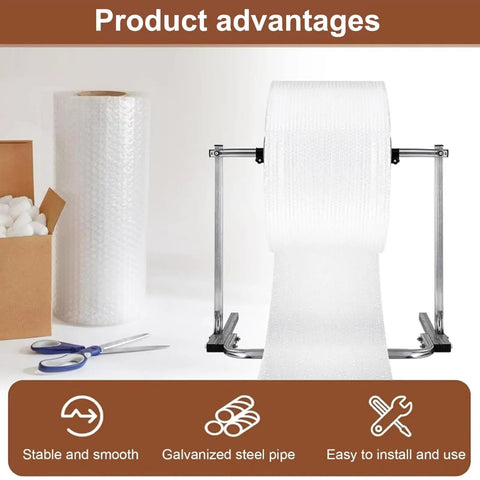 Heavy Duty Bubble Wrap Roll Dispenser Tabletop Packing Station Manual Foam Cushion Holder For Shipping And Moving Supplies Galvanized Steel Stand with bubble wrap roll and box.