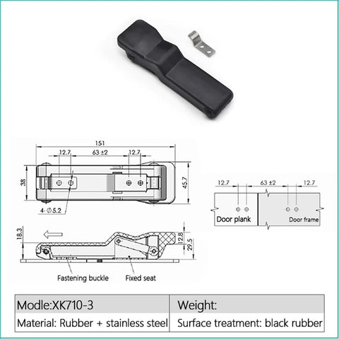 Rubber Cabinet Toggle Latch With Soft Pull Door Lock Hidden Mount Flexible Draw Gate Lock XK710-3 with technical diagrams
