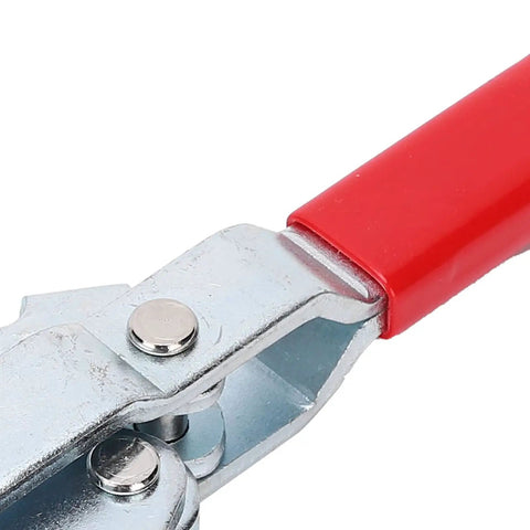 Vertical Quick Release Toggle Clamp With 450 Kg Holding Capacity For Woodworking Machine Assembly In Polished Galvanized Iron Body Built Tough For Industrial Clamping And Precise Component Positioning, red handle close-up