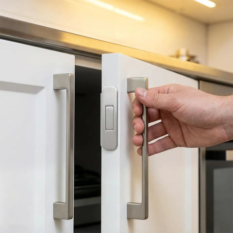 Get These Super Sleek 8Pcs Ultra Thin Magnetic Cabinet Door Catches For A No Drill Install that showcases a hand opening a white cabinet door.