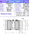 Diagram of 12MP 25mm F2.4 C Mount Industrial Lens specifications with manual iris and focus, showing dimensions and field of view.