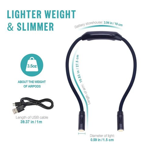 Lightweight Neck Reading Light With Three Color Modes And Nine Brightness Levels For Reading In Bed, Knitting, Crocheting, Sewing And Crafts, Rechargeable Hands Free Portable Light shown with dimensions and USB cable.