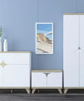 Modern living room with minimalist white cabinets featuring 4 Pack Silver Cabinet Pulls Set Zinc Alloy Slick Modern Minimalist Drawer Handles
