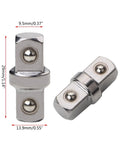 Front view of two chrome socket sleeve adapters, 3/8 inch, double-headed hex and outer-square connector for wrench extension